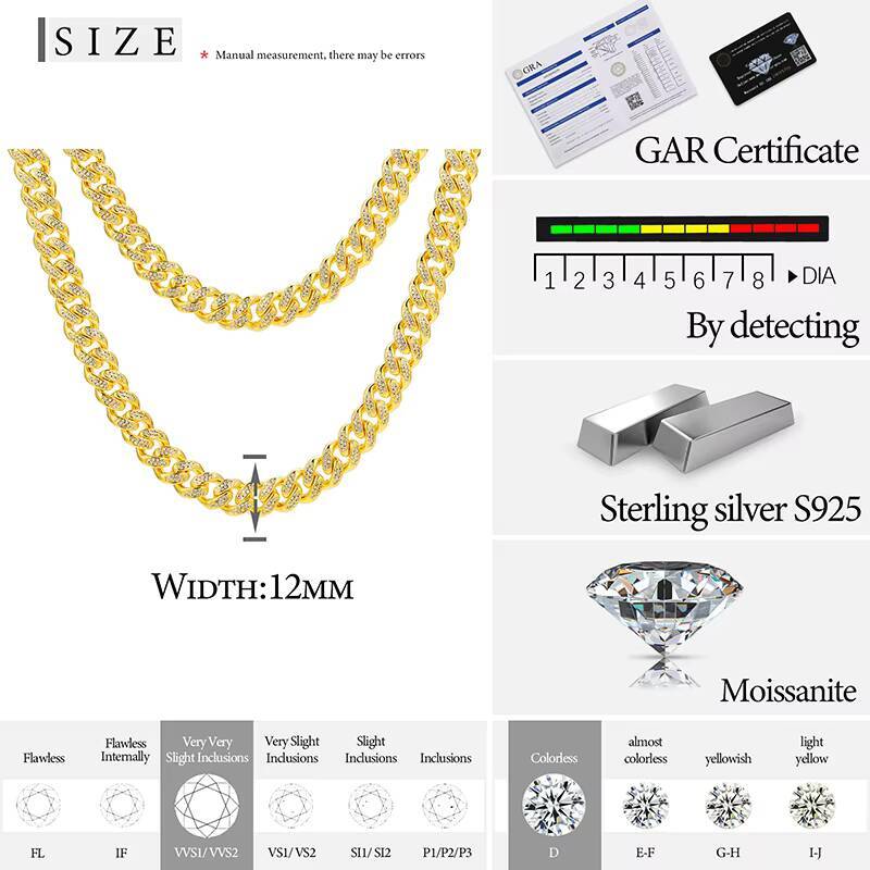 Moissanite Hip Hop Jewelry 12mm Gold Plated 925 Sterling Silver VVS Moissanite Diamond Iced Out Cuban Link Chain Necklace