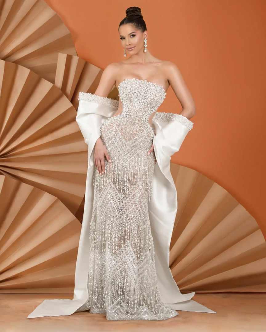 Elegant Strapless Sheath Wedding Dress Fashion Pearls Beaded Bridal Dress With Wrap Tassels Customized vestidos de novia
