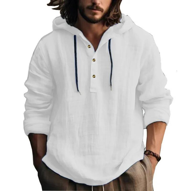 25 New cotton and linen shirts hooded loose large size casual sweater long sleeve hoodie men