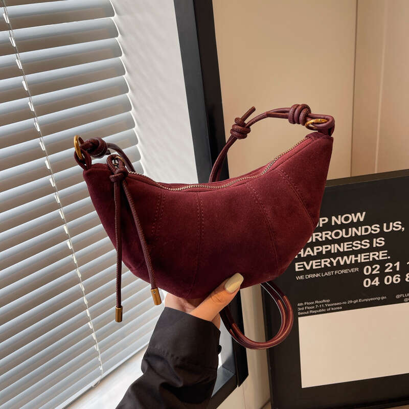 Crescent shaped shoulder bag with leopard print suede retro style cowhide rope decoration crossbody bag, fashionable and versatile daily street bag