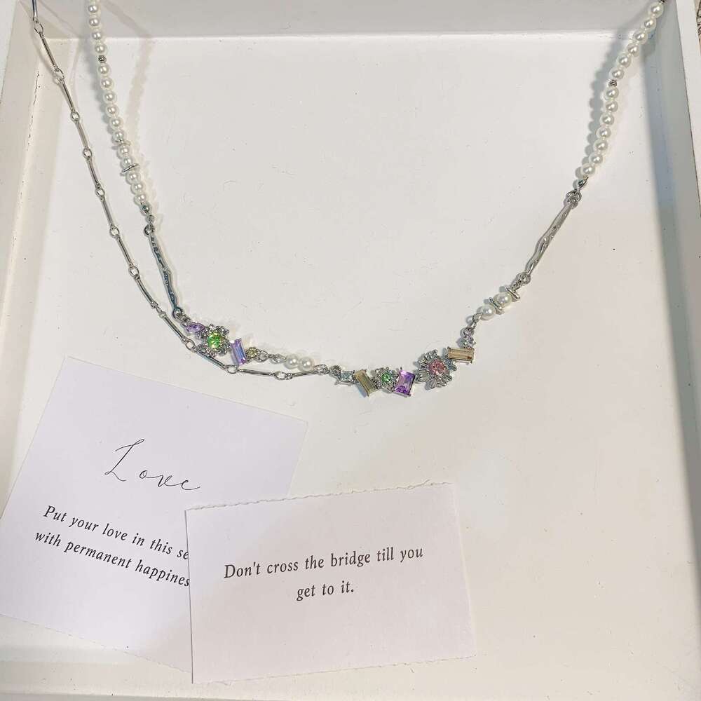 Dopamine Colorful Zircon Geometric Flower Necklace Niche Design Sweet High-End Hot Girl Accessory Collarbone Chain 4f6