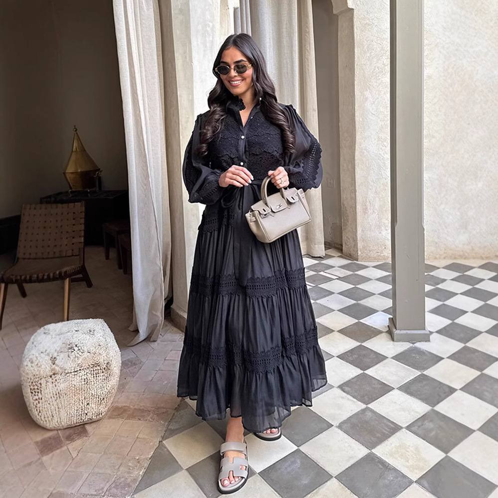 Spring Summer Womens Casual Long Sleeve Hollow Mesh Patchwork Dress Lantern 250731