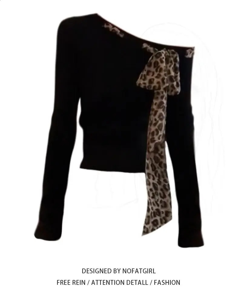 Off Shoulder Tops Y2K Bow Tied Long Sleeve Leopard T-Shirt Women Sexy Tight Basic Crop Top Lady Casual Black Tees Korean 250725