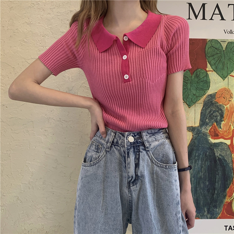 2025 Women's S Retro Short Sleeve Collar Slim Fit Versatile Fine Stripe Ice Silk Knitted Shirt Slim Fit Women's New Designer T-shirt