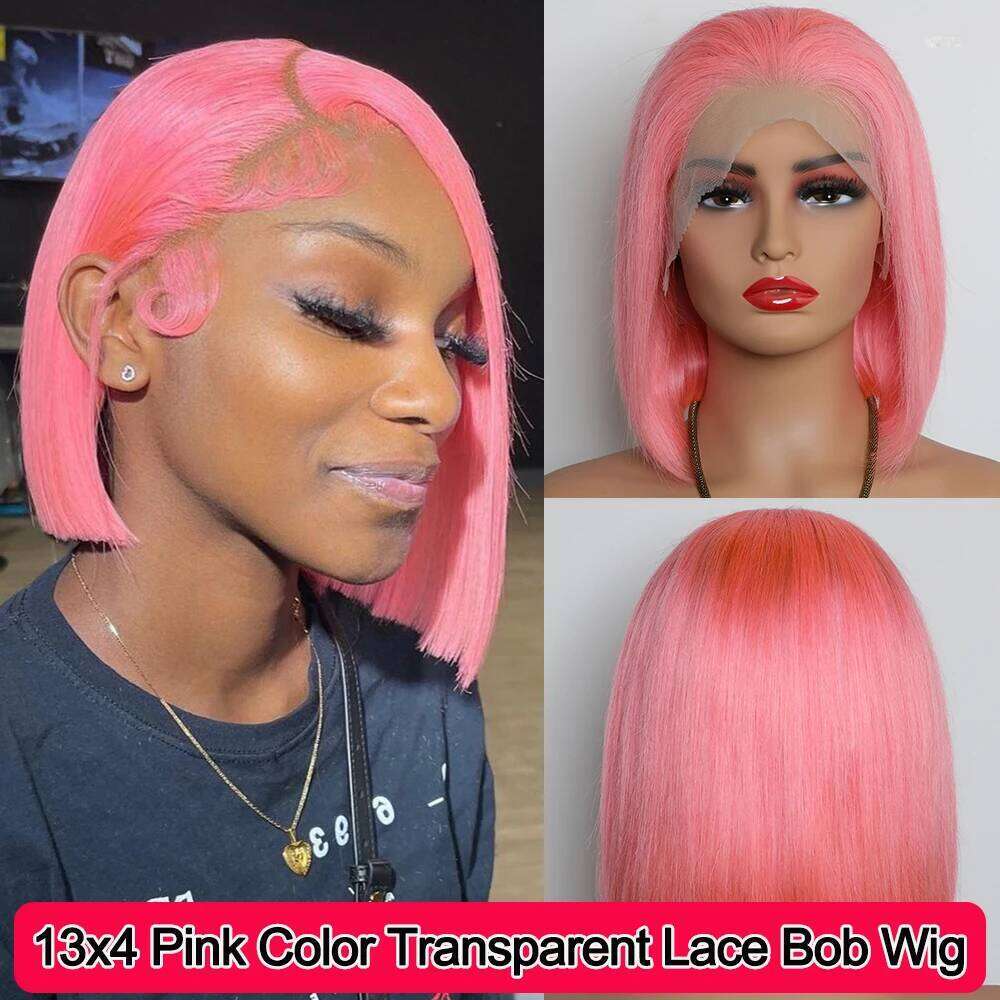 Short Bob HD Transparent Light Pink Synthetic Wig Preplucked Lace Frontal Wigs Brazilian Virgin Human Hair 14 10 Inch