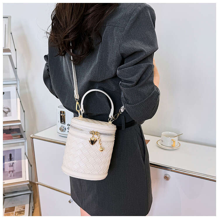 Women Woven Cylinder Trendy Fashion Handheld Commute Single Shoulder Crossbody Mini Bucket Bag