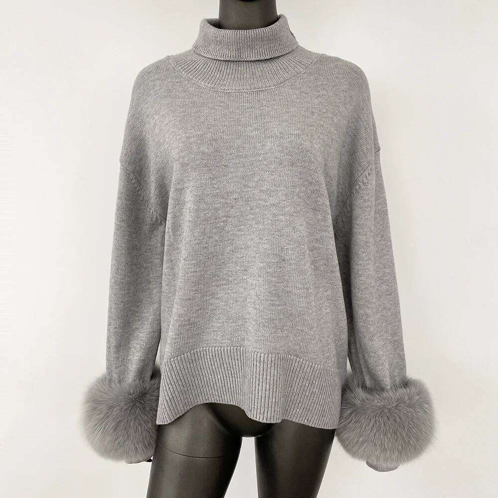 Designer Clothing FURYOURSELF 2025 Women Wool Pullovers Oversized Real Fox Fur Cuffs Sweater Elegant Office Lady Clothing Loose Turtleneck Jumper Fash