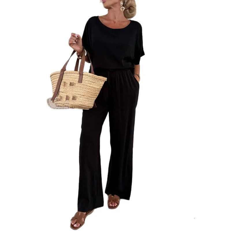 Fashion Oneck Pullover with Long Pants Suit Women Casual Short Sleeve Loose Two Piece Set Elegant TieUp Solid Outfits w250729