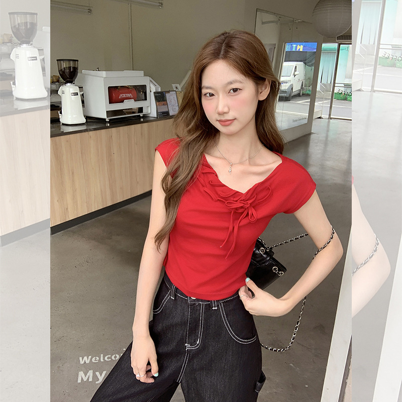 2025 American retro lace up off shoulder short sleeved T-shirt summer new slim fit top new designer T-shirt