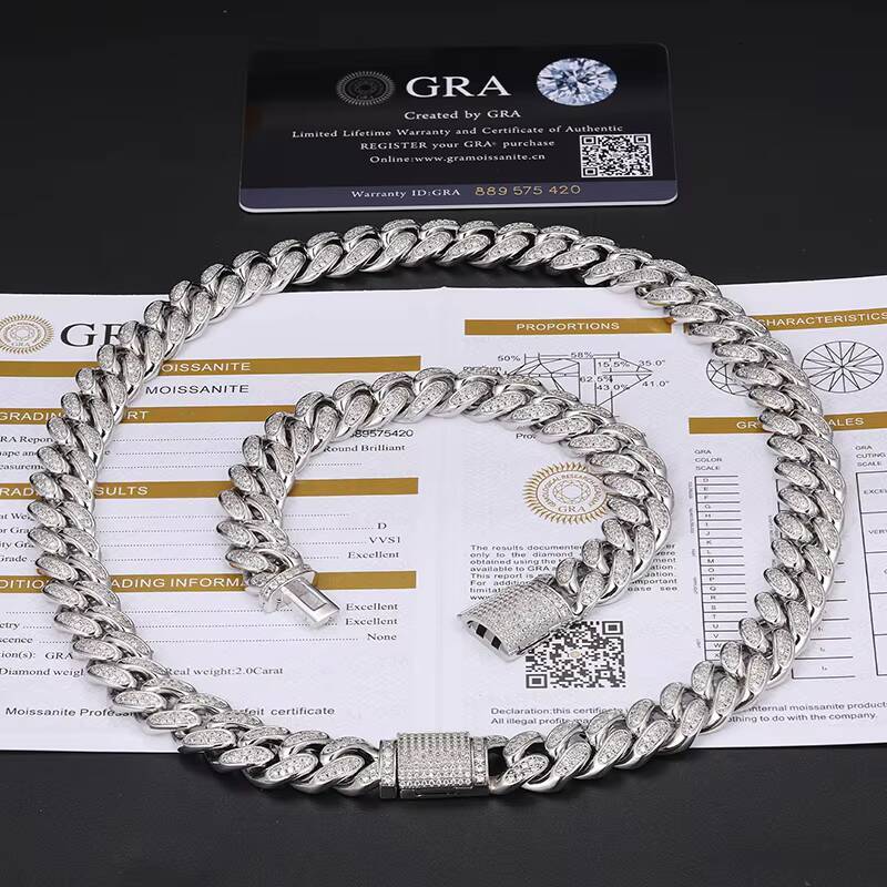 Moissanite Hip Hop Jewelry 12mm Gold Plated 925 Sterling Silver VVS Moissanite Diamond Iced Out Cuban Link Chain Necklace