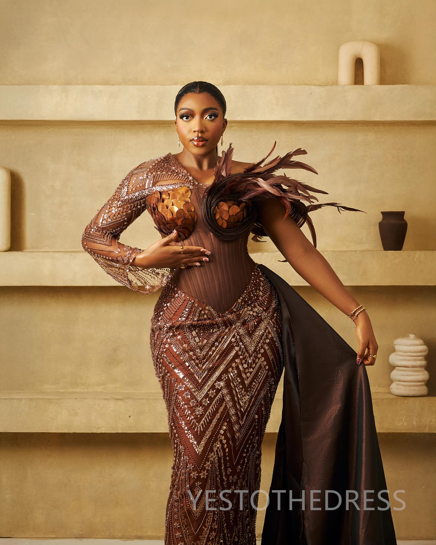 2025 Plus Size Brown Prom Dress Feather Evening Dresses Formal Gowns Beaded Lace Long Sleeves Pleated Pearls Birthday Dress Second Reception Gowns AM2