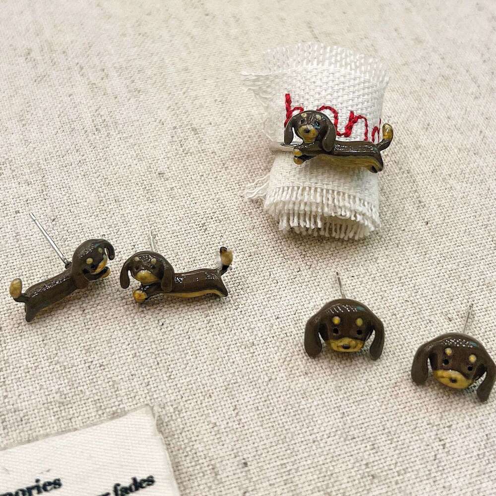 Childlike Cute Dachshund Dog for Women Unique Design Trendy Stud Earrings Rings Fun Quirky Sweet Exquisite e0e
