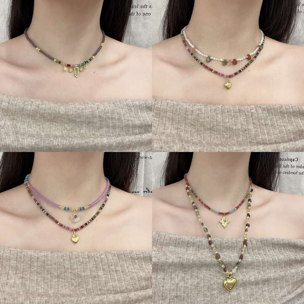 New Chinese Style Colorful Beaded Heart Pendant Stone Set Necklace Dopamine Collarbone Chain High-End Personality Fashion e2b