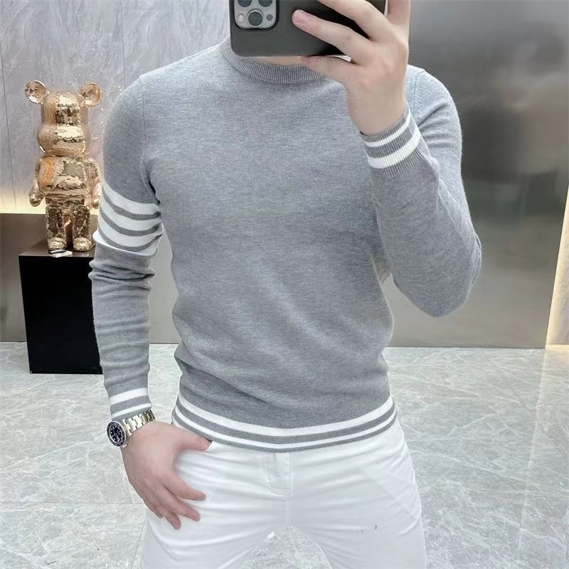 Spring Autumn Lantern Long Sleeve Round Neck Screw Thread Contrast Color Sweater Pullover Knitted Casual Fashion Vintage Tops