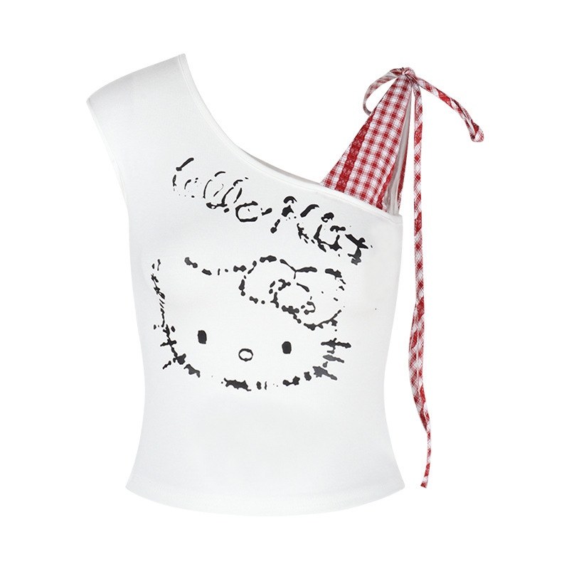 2025 summer new white checkered asymmetrical shoulder vest design sense niche off shoulder spicy girl designer T-shirt designer short sleeved women�