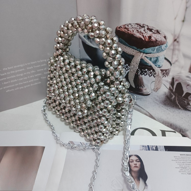 Elegant Handcrafted Crystal Bead Square Bag with Clear Design - Portable Messengers & Metallic Chains