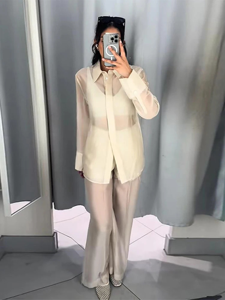 Fashion Womens Visible Shirts Blazer Trouser Suits Long Sleeve Button Pocket Lady 3 Pieces Set Spring Summer Female Suit 250731