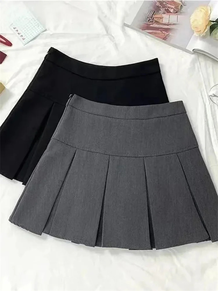 Vintage Gray Pleated Skirt Women Kawaii High Waist Mini Skirts Korean Fashion School Uniform Harajuku Streetwear Spring 250730