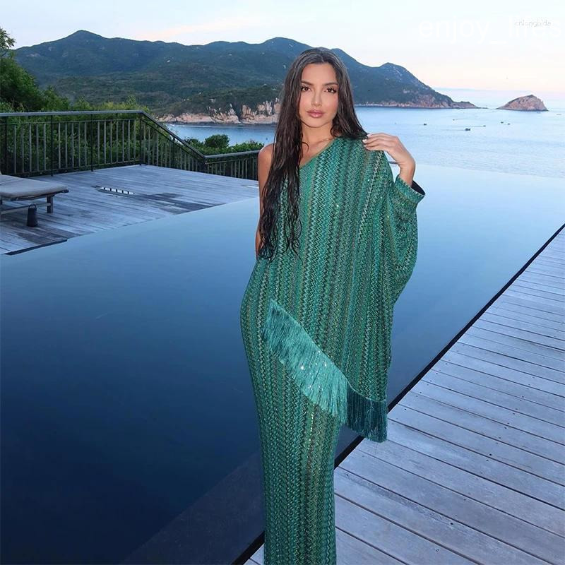 Casual Dresses Elegant Tassel Striped Long Dress Women One-shoulder Scarf Collar Asymmetrical Robe 2025 Summer Fringed Integrated Party