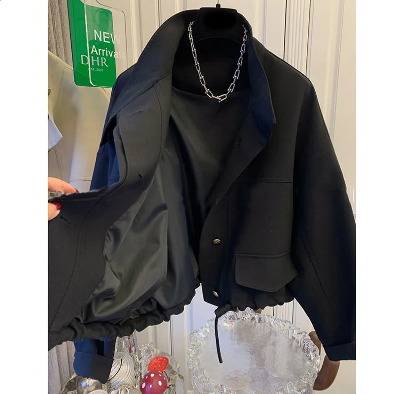Women Spring Autumn high-end Jacket Casual Windbreaker Standing Collar Short Jacket Hem Drawstring Trench Coat 250730