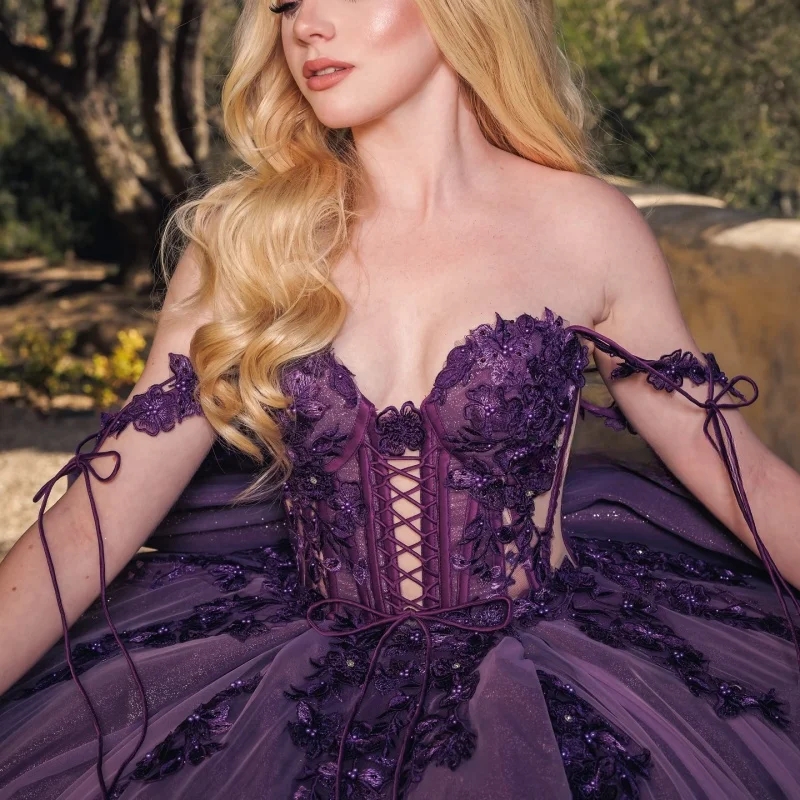 Purple Shiny Quinceanera Dresses Off The Shoulder Applique Lace Beads Tull Vestidos 15 De Anos Princess Party Birthday Birthday Sweet 16 Dress