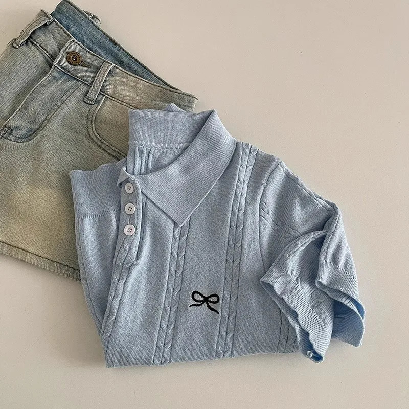 AOSSVIAO 2025 Summer Korean Fashion Slim Polo shirt Knitted Short Sleeve Tshirt Sweet Bow Embroidered Women Tops 250729