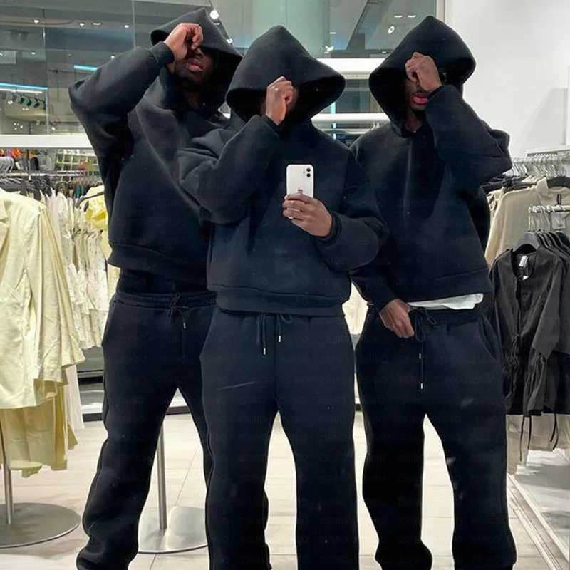 Solid Color Couple Hooded Sweatshirt Casual Loose Sports Pants Set for Autumn and Winter Y2K New Mens Hoodie Fitness Pants Set XJ250731