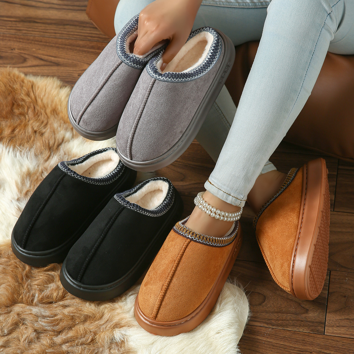free shipping designer of Jing's new solid-color faux deerskin fleece patchwork home slippers