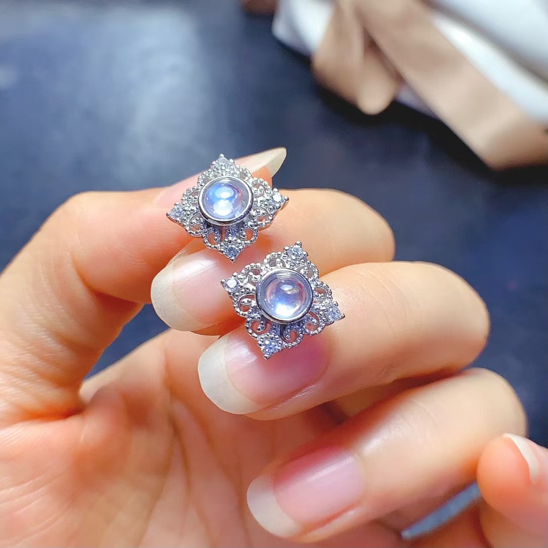 Vintage moon stone Stud Earrings for Party 5mm 100% Natural moonstone Silver Earrings 925 Silver Jewelry allergy free