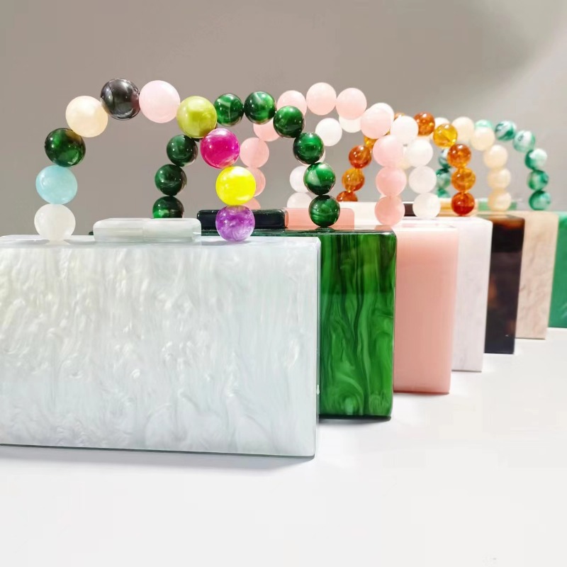 Fashionable Womans Pearl-Like Acrylic Bead Embellished Evening Clutch with Handle
