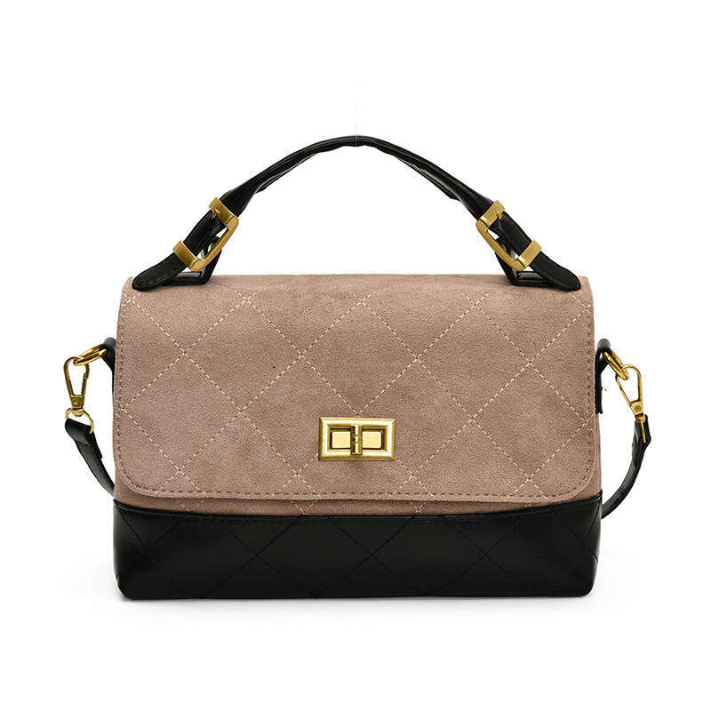 Lingge color blocked flip top handbag with faux leather velvet and PU leather feel, single shoulder crossbody bag, fashionable and versatile commuting