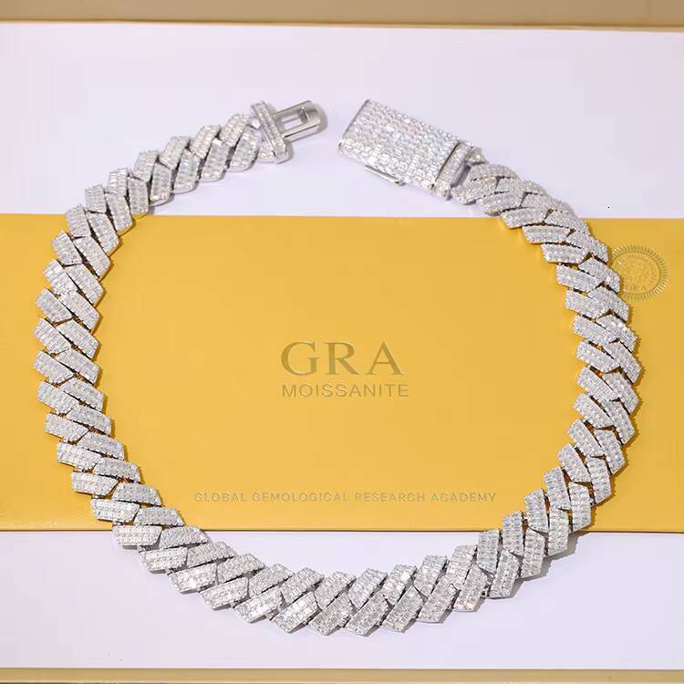 Yu Ying Gems Jewelrys 20mm Wide Full Baguette Moissanite Diamond 925 Sterling Silver Necklace with Cuban Chain