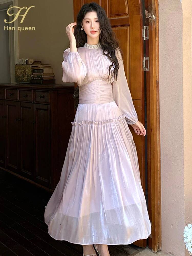 an Queen Spring Pleated Waist Cinched Long Bubble sleeve Dress A-line Casual Nail Bead Vintage French style Party Dresses ddmysept