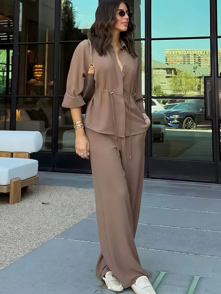 Pant sets Summer Womens Suit Shirts Blouses Tops Trouser Two Pieces Set Brown Shortsleeved Shirt Female Pantsuit 250724