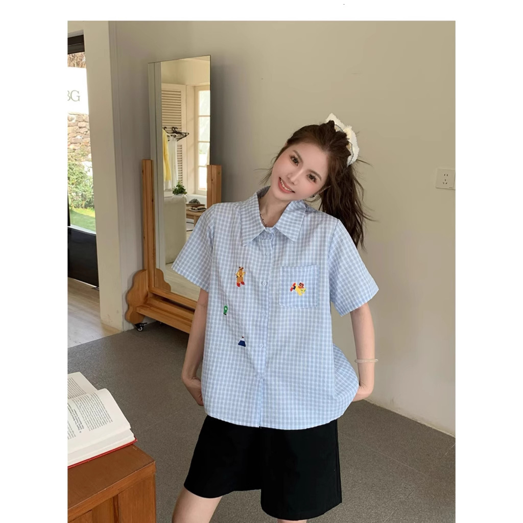 2025 Blue Polo Embroidered Short sleeved Women's Shirt Summer Versatile Unique Plaid Design Niche New Designer T-shirt