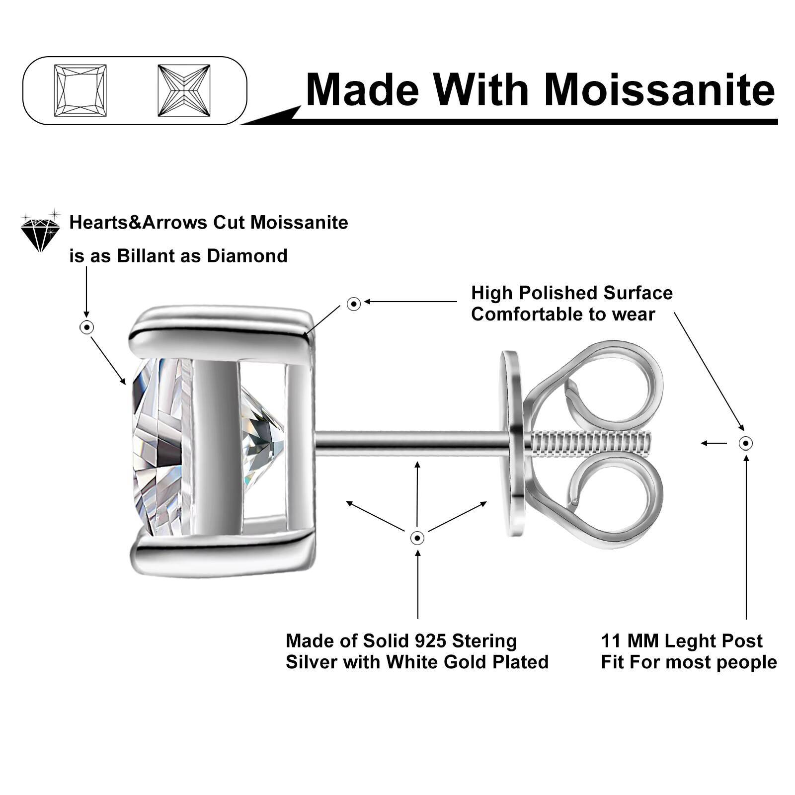 Fashion 0.6-1.2ct 18K White Gold Plated 925 Sterling Silver Princess Cut VVS Moissanite Diamond Solitaire Stud Earrings