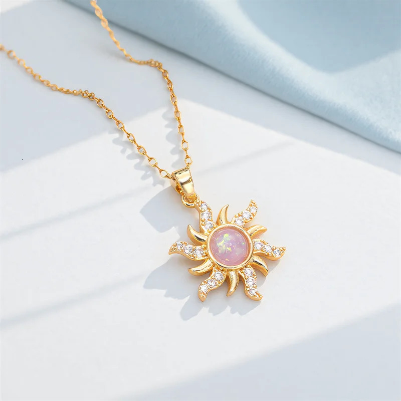 Pink Resin White Opal Sun Flower Pendant Necklaces For Women Vintage Gold Color Stainless Steel Chains Jewelry Mothers Day Gift 250729