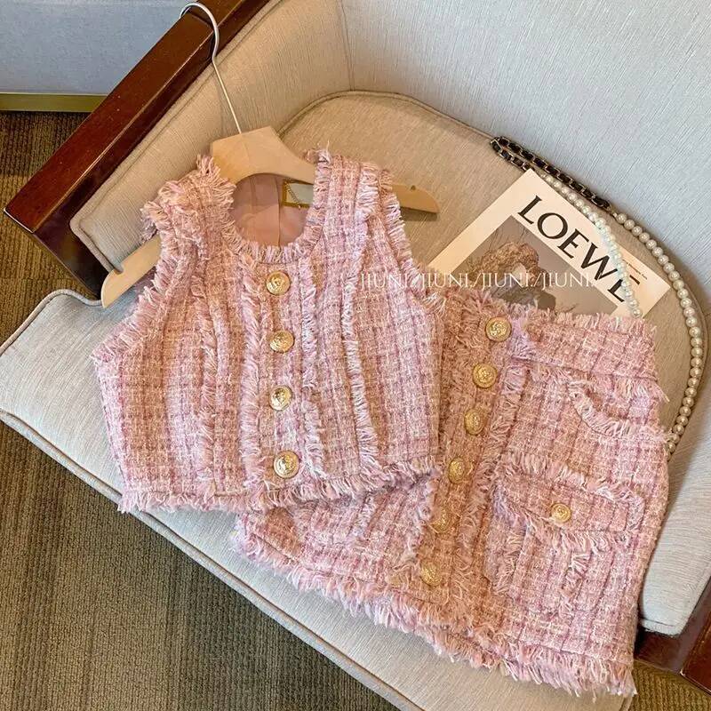 Pink Tweed 2 Pieces Sets Elegant Sleeveless Vest Women A-Line Korean Style Two Piece Skirt Suits Rich Girl Matching Outfit dongdumaoyi