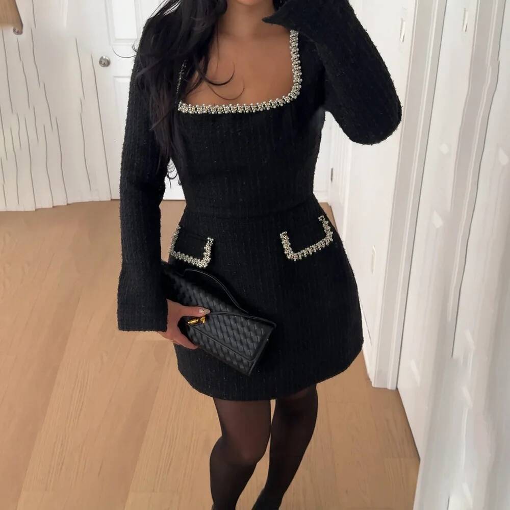 Talenza Long Sleeve Tweed Women's Elegant Square Neck Party Evening Gown Retro Slim Patchwork Short Dress Vestido ddmysept
