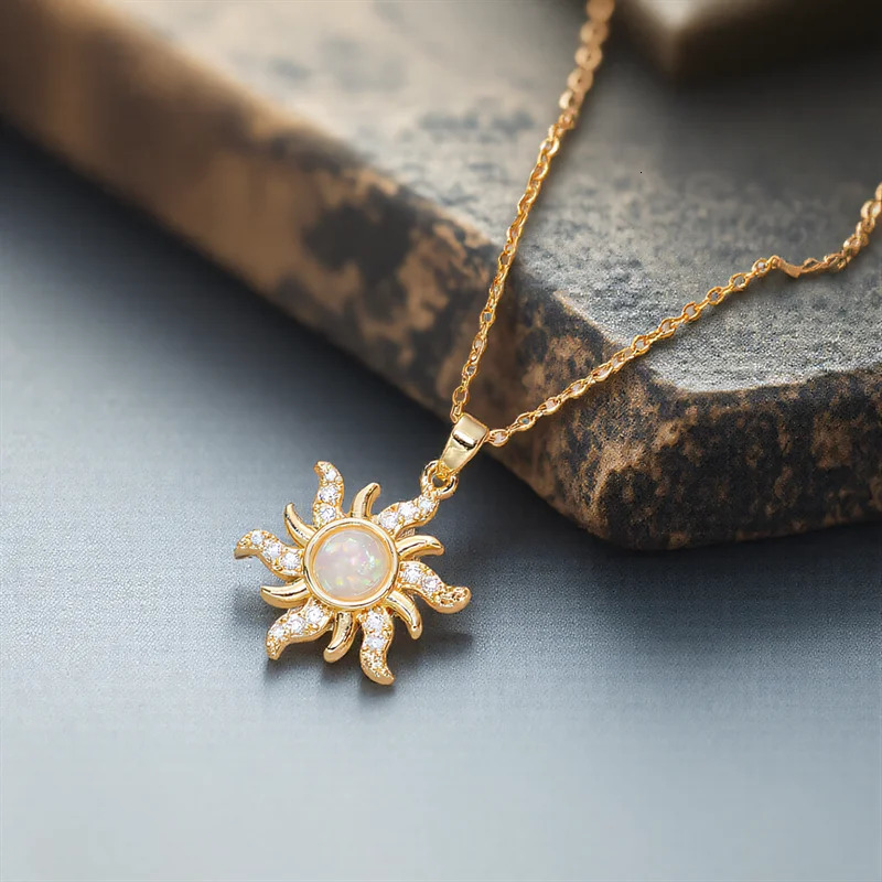 Pink Resin White Opal Sun Flower Pendant Necklaces For Women Vintage Gold Color Stainless Steel Chains Jewelry Mothers Day Gift 250729