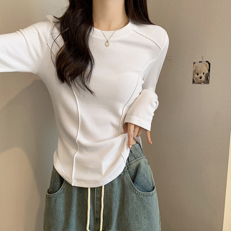 white long-sleeved shirts for women in autumn and winter slim design with fleece and brushed texture T-shirt new arrival