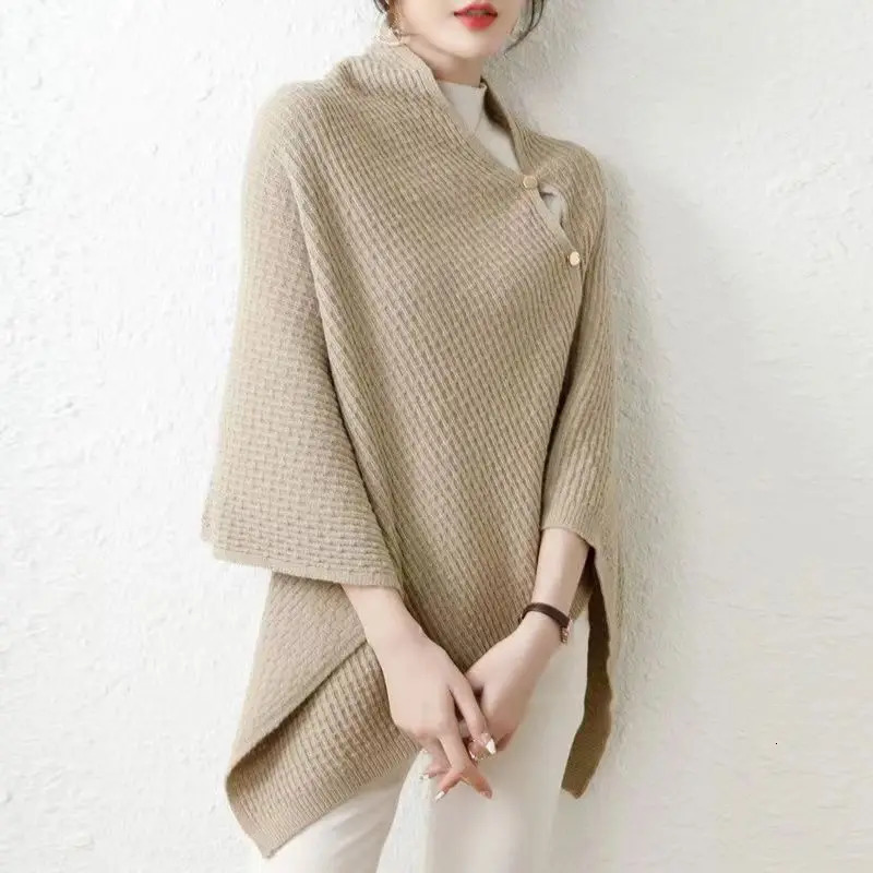 Warm Knitted Plain Color Scarf Thick Single Breasted Wool Shawl Wrap Women Cape Open Side Woven Cardigan Poncho Stole 250729