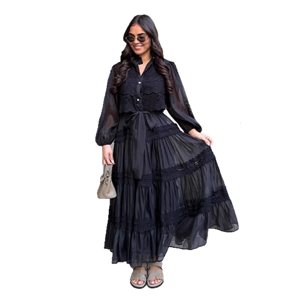 Spring Summer Womens Casual Long Sleeve Hollow Mesh Patchwork Dress Lantern 250731