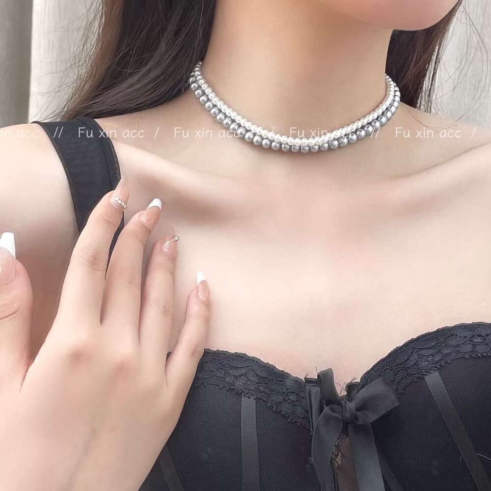 Pearl Double Layer Necklace Stacked Cross Black Crystal Bowknot Light Niche Design High-end Choker 941