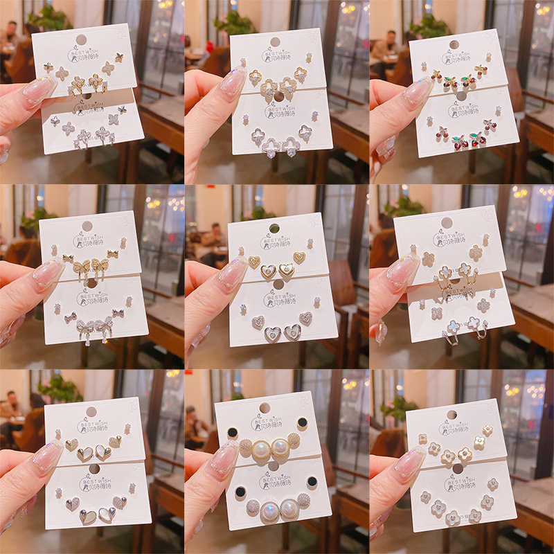 Free Shipping Designer Luxury Jewelry Silver Needle Thick Gold Plated Exquisite Zircon Small Earrings 6-piece Set Three Pairs High-end Fashion Earring