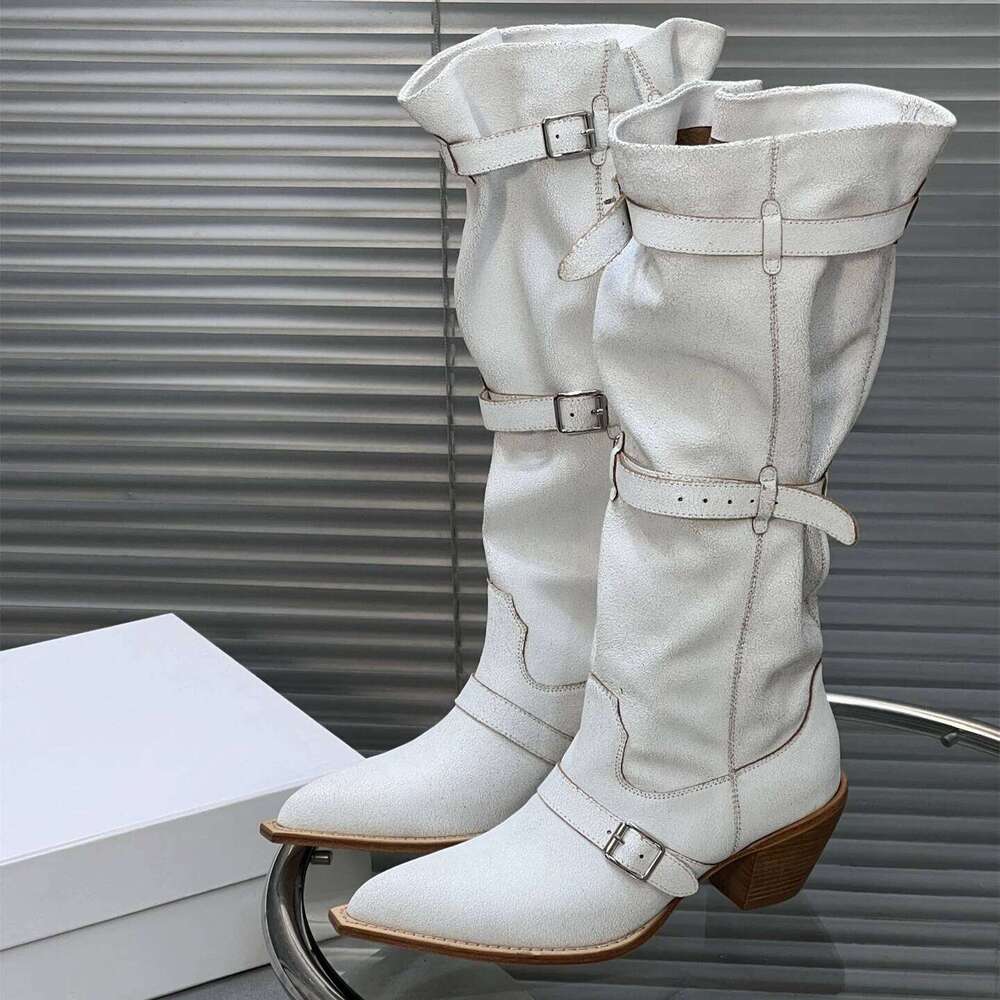 Women Size35-42 Genuine Leather Med Heels Natural Cow Suede Knight Boots Pleated Designer Shoes Zapatillas De Mujer 31b