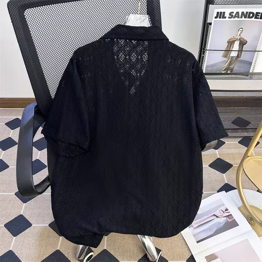 Thin breathable hollowed-out short-sleeved shirts for men and women, Korean advanced sense, Cuba collar five-point sleeve shirt, summer shirt