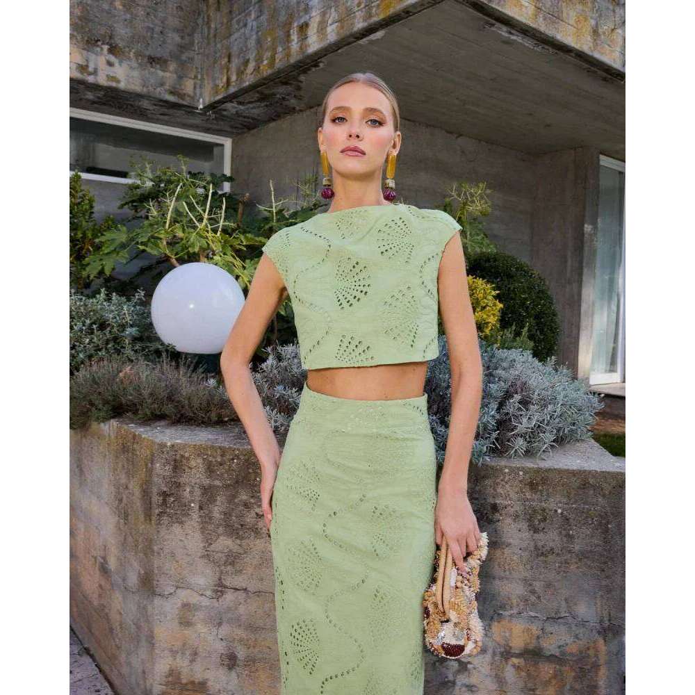 new TRAF women's elegant and gentle hollow embroidery round neck jacket & high waist slit skirt fashion casual suit