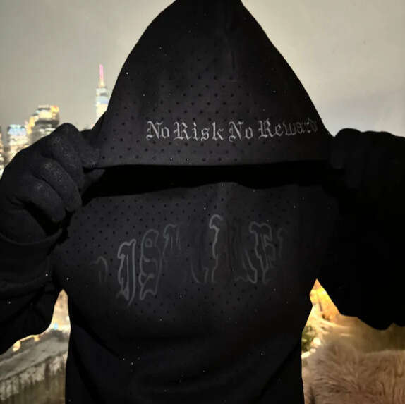 2025 Men's Clothing Printed Dark Rhinestone Black Series Youth Casual Trendy Long Sleeve Hooded Sweatshirt