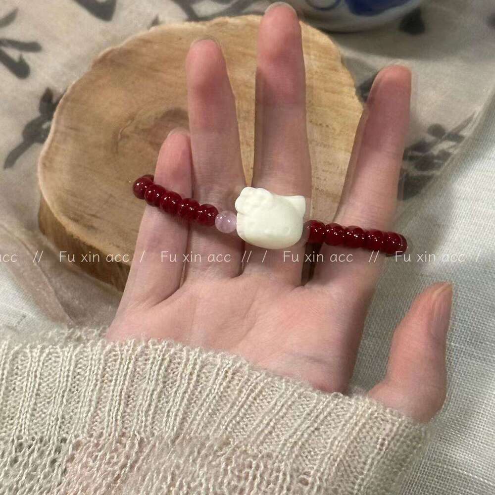 Chinese National Style Cinnabar with Red Bodhi Beads Cute Kitty Cat Stacking Bracelet 070